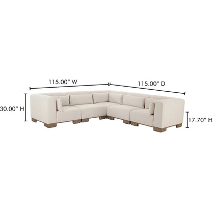 June Classic L Shaped Modular Sectional by Moe's Home Collection in oatmeal. Made from upholstery: 72% polyester, 28% acrylic, oak veneer base, foam, feather, fiber fill, solid wood, plywood frame in a transitional style.