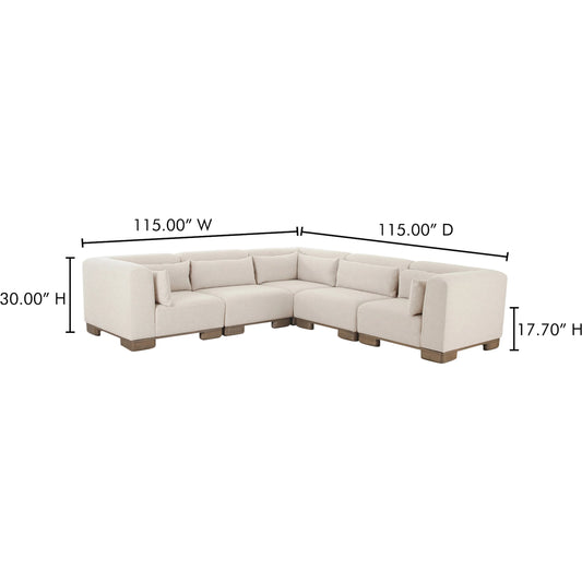 June Classic L Shaped Modular Sectional by Moe's Home Collection in oatmeal. Made from upholstery: 72% polyester, 28% acrylic, oak veneer base, foam, feather, fiber fill, solid wood, plywood frame in a unique style.