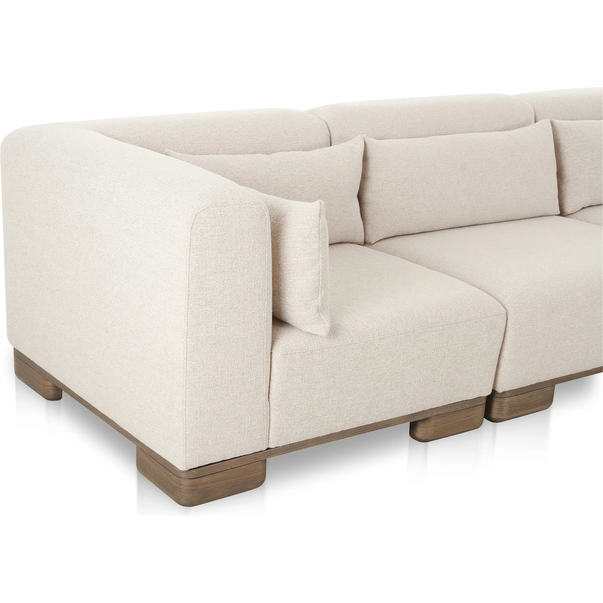 June Classic L Shaped Modular Sectional by Moe's Home Collection in oatmeal. Made from upholstery: 72% polyester, 28% acrylic, oak veneer base, foam, feather, fiber fill, solid wood, plywood frame in a transitional style.
