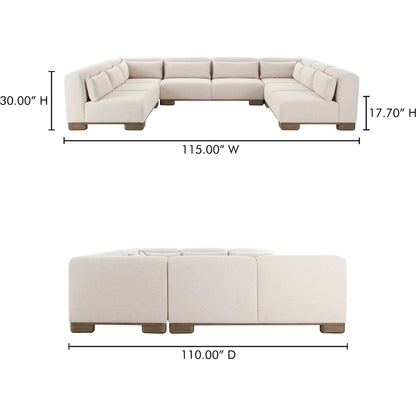 June U Shaped Modular Sectional by Moe's Home Collection in oatmeal. Made from upholstery: 72% polyester, 28% acrylic, oak veneer base, foam, feather, fiber fill, solid wood, plywood frame in a transitional style.