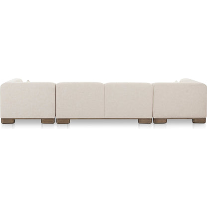 June U Shaped Modular Sectional by Moe's Home Collection in oatmeal. Made from upholstery: 72% polyester, 28% acrylic, oak veneer base, foam, feather, fiber fill, solid wood, plywood frame in a transitional style.