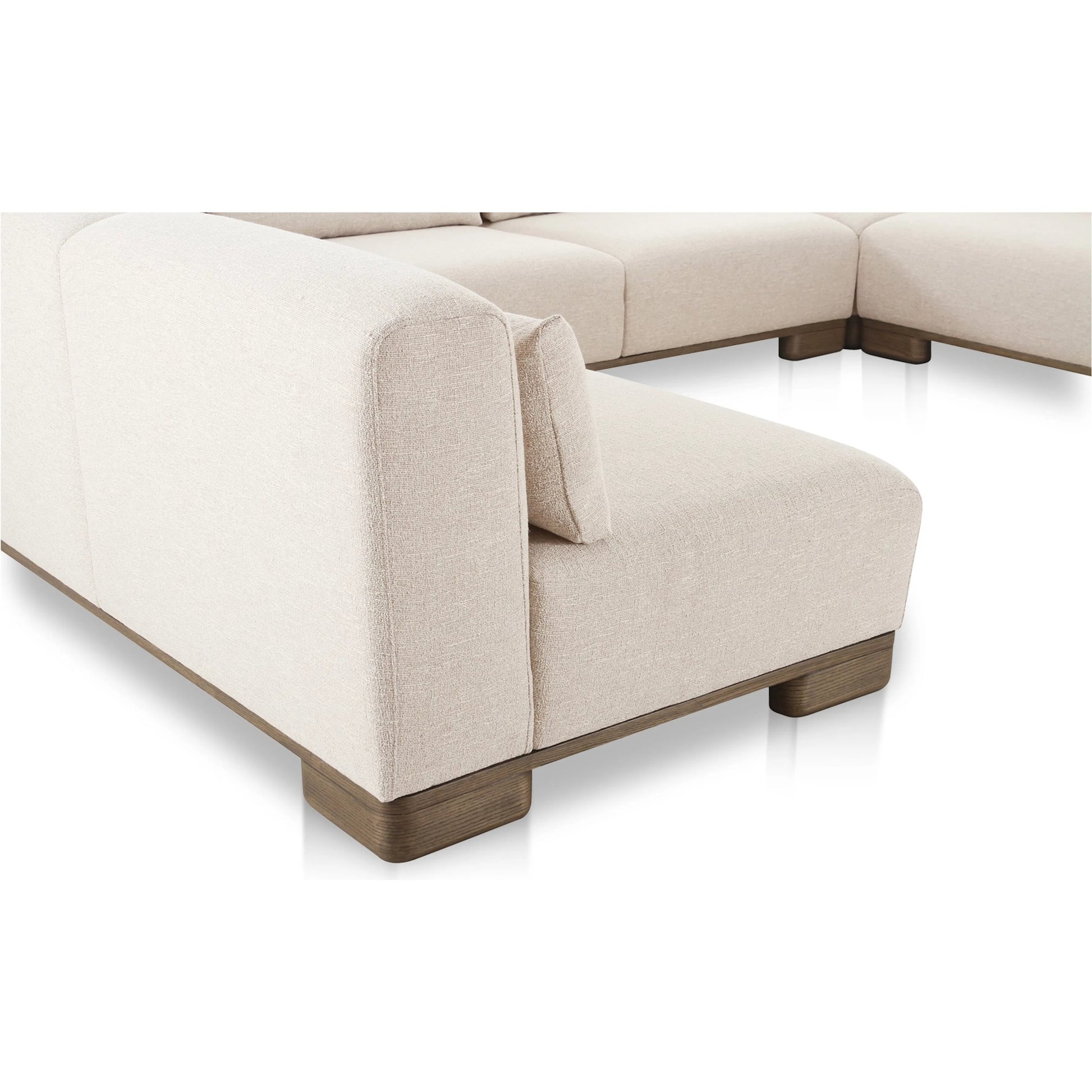 June U Shaped Modular Sectional by Moe's Home Collection in oatmeal. Made from upholstery: 72% polyester, 28% acrylic, oak veneer base, foam, feather, fiber fill, solid wood, plywood frame in a transitional style.
