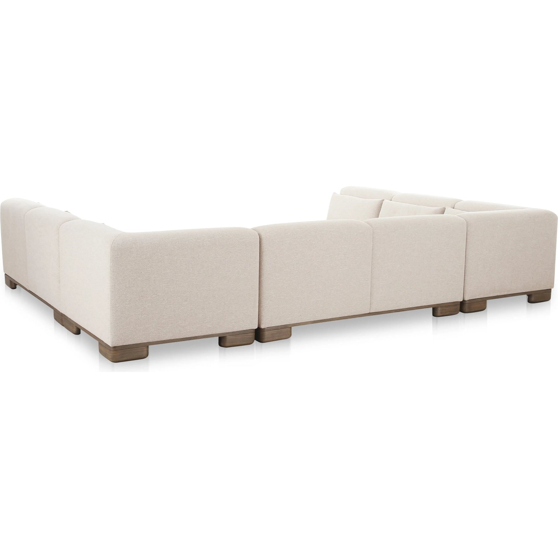 June U Shaped Modular Sectional by Moe's Home Collection in oatmeal. Made from upholstery: 72% polyester, 28% acrylic, oak veneer base, foam, feather, fiber fill, solid wood, plywood frame in a transitional style.