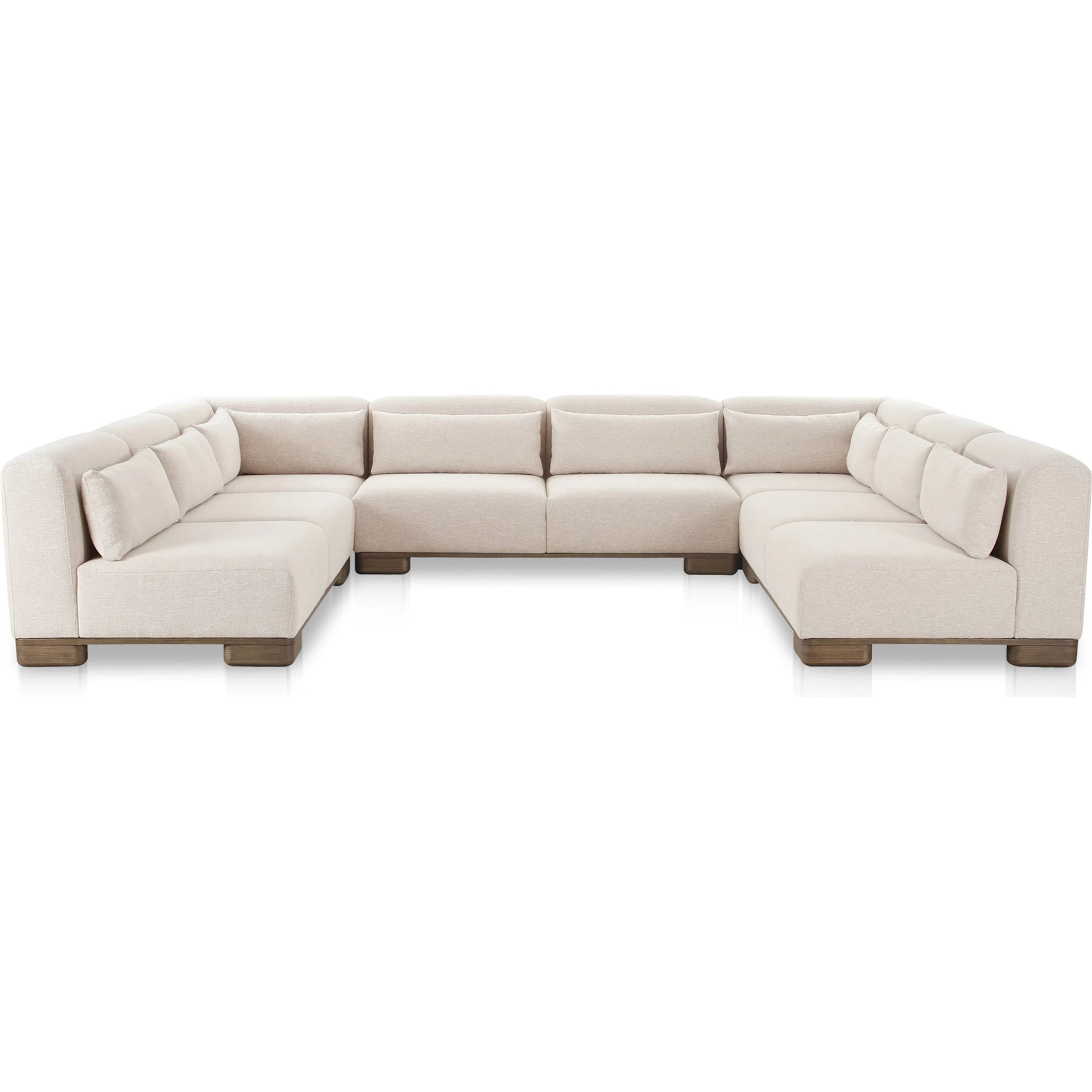 June U Shaped Modular Sectional by Moe's Home Collection in oatmeal. Made from upholstery: 72% polyester, 28% acrylic, oak veneer base, foam, feather, fiber fill, solid wood, plywood frame in a transitional style.