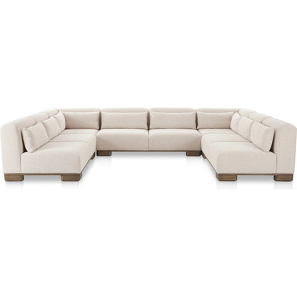 June U Shaped Modular Sectional by Moe's Home Collection in oatmeal. Made from upholstery: 72% polyester, 28% acrylic, oak veneer base, foam, feather, fiber fill, solid wood, plywood frame in a transitional style.