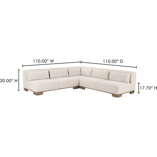 June Corner Modular Sectional by Moe's Home Collection in oatmeal. Made from upholstery: 72% polyester, 28% acrylic, oak veneer base, foam, feather, fiber fill, solid wood, plywood frame in a unique style.