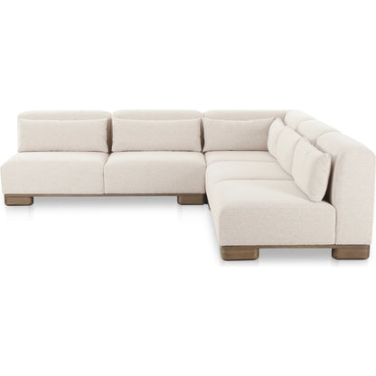 June Corner Modular Sectional by Moe's Home Collection in oatmeal. Made from upholstery: 72% polyester, 28% acrylic, oak veneer base, foam, feather, fiber fill, solid wood, plywood frame in a transitional style.