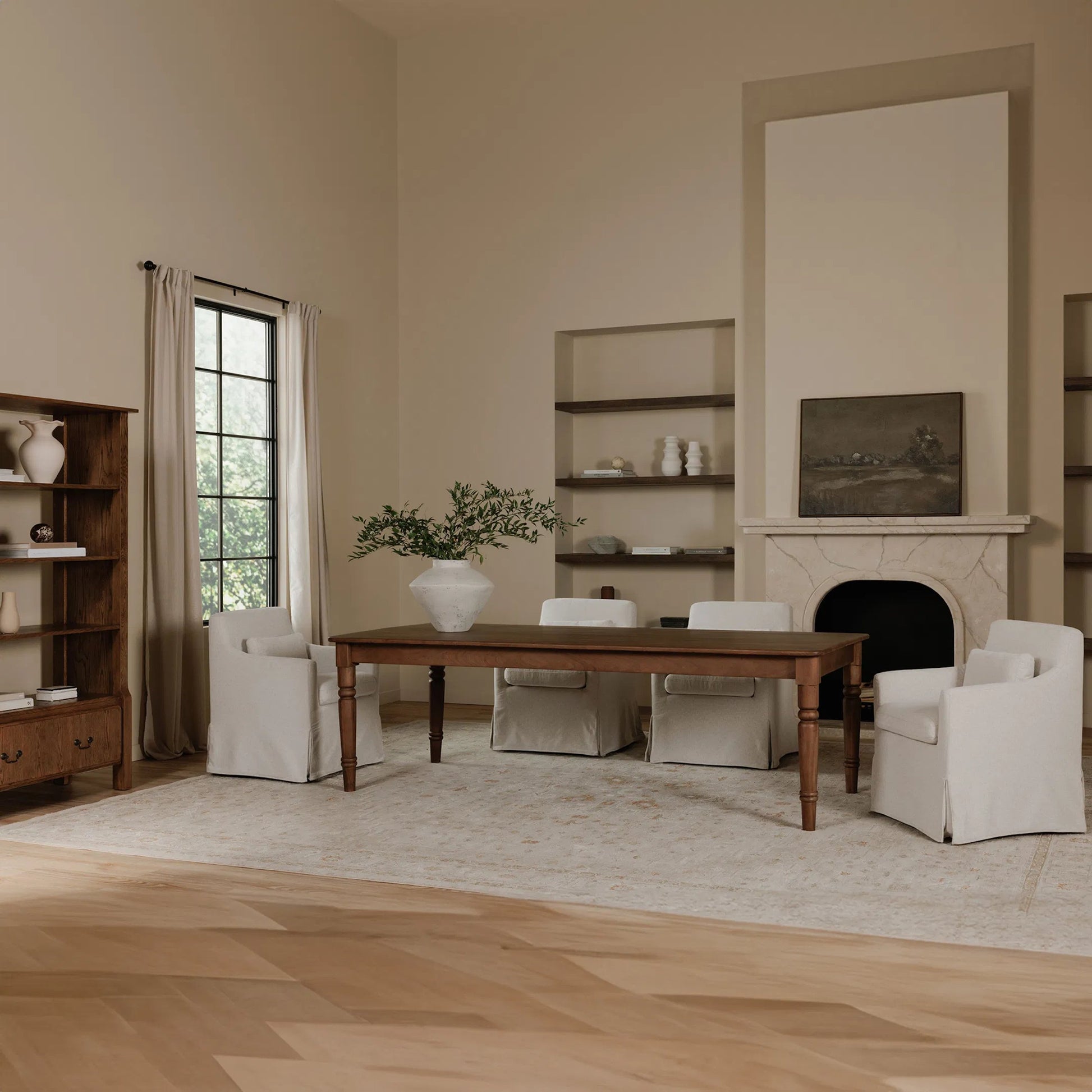 Lydia Slipcover Dining Chair by Moe's Home Collection in beige. Made from upholstery: 100% polyester, foam, plywood, nylon castors in a transitional style.