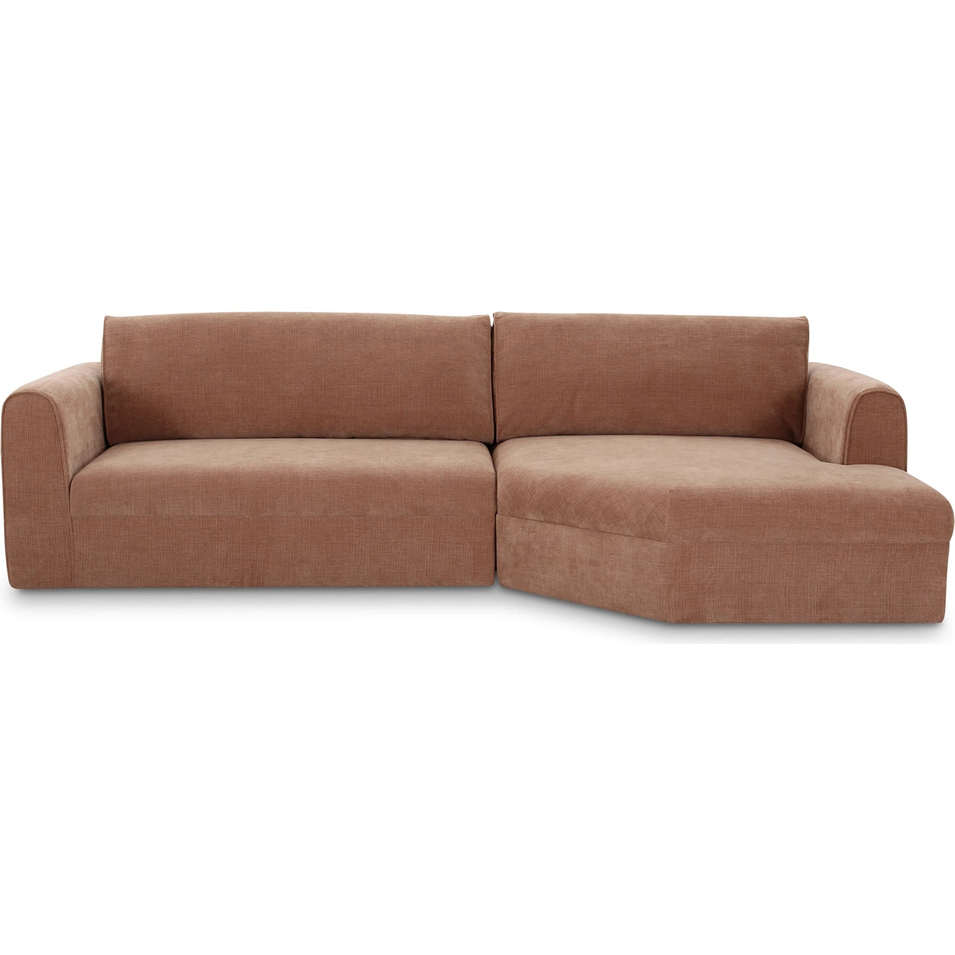 Madrid Sectional by Moe's Home Collection in pink. Made from upholstery: 100% polyester, plywood frame, foam, fiber seat, 40% feather, 60% fiber back cushion in a transitional style.