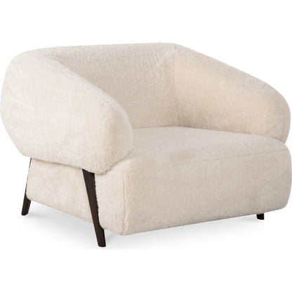 Devlin Lounge Chair by Moe's Home Collection in cream faux fur. Made from upholstery: 100% polyester, ash wood leg, foam, fiber seat, plywood frame in a transitional style.