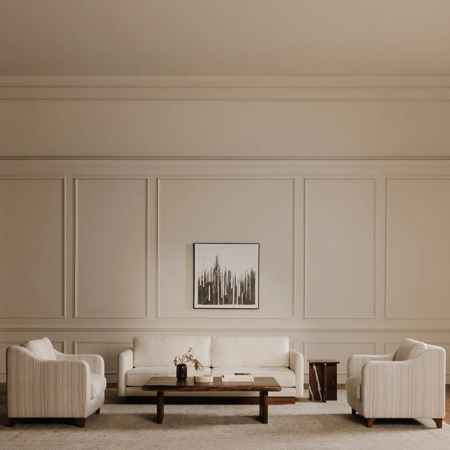 016 SI-2368094 | Lifestyle | Hewitt Accent Chair Stripe by Moe's Home Collection in beige stripe. Made from upholstery: 100% polyester, birch wood leg, foam, fiber seat, plywood frame in a transitional style.