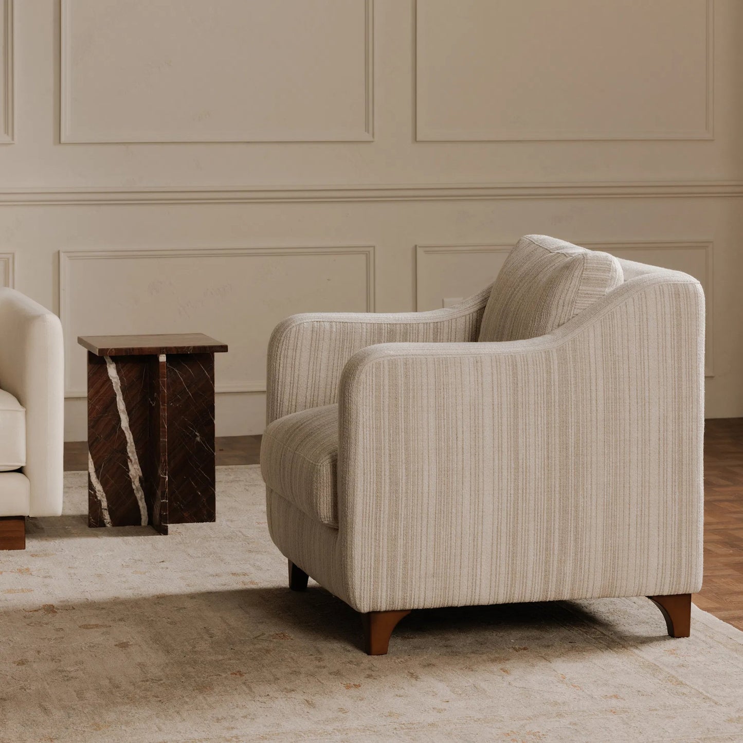 015 SI-2368094 | Lifestyle | Hewitt Accent Chair Stripe by Moe's Home Collection in beige stripe. Made from upholstery: 100% polyester, birch wood leg, foam, fiber seat, plywood frame in a transitional style.