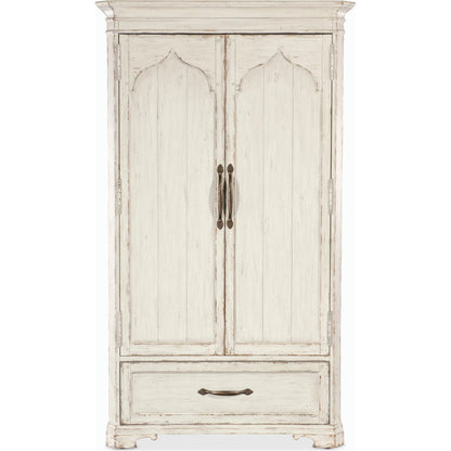 Americana Wardrobe by Hooker Furniture in black and molasses finish. Made from oak veneers in a cottage & farmhouse style.