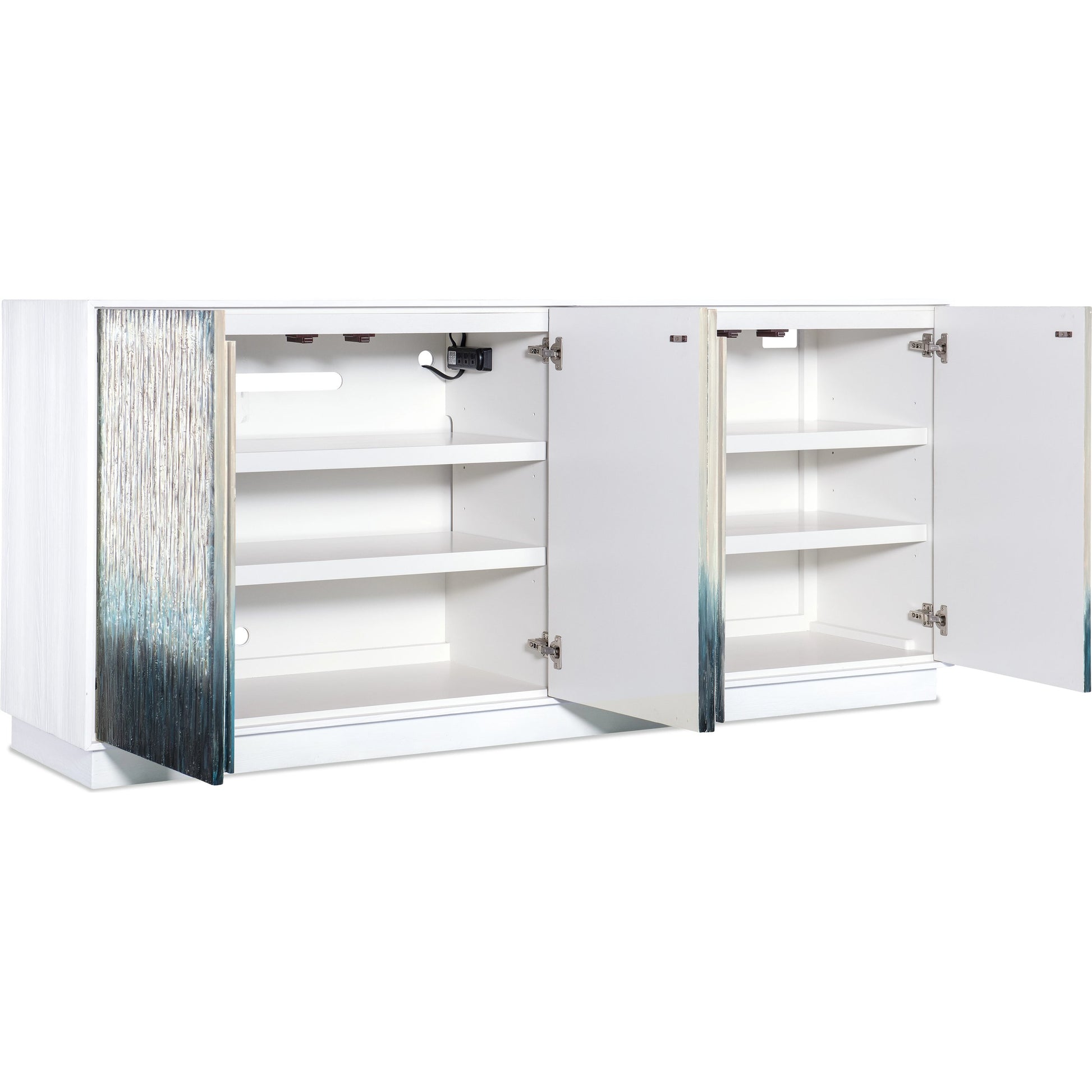 Melange Mediterranean Entertainment Credenza by Hooker Furniture in white. Made from pine, maple veneers in a modern style.