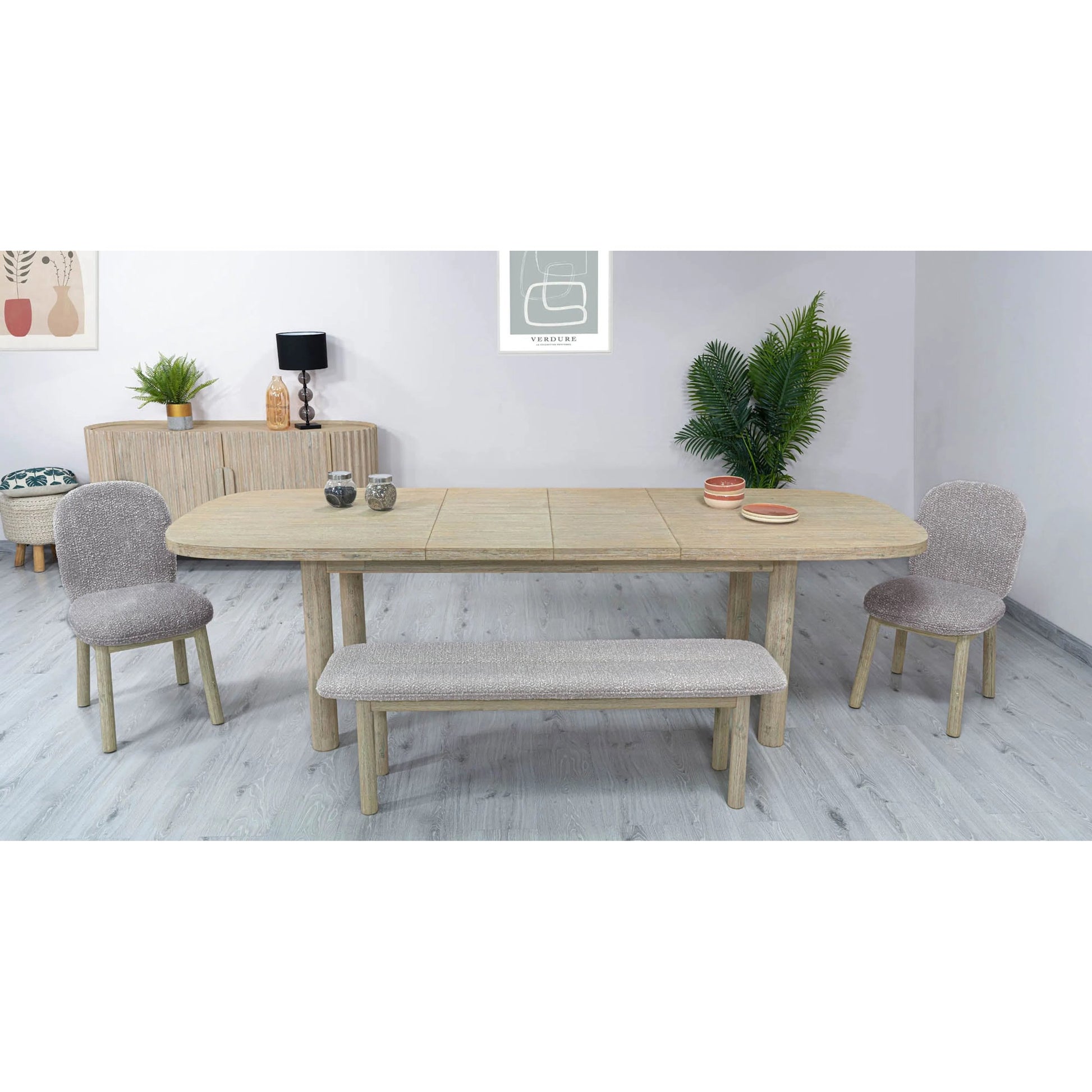 Oasis Extension Dining Table (70"/102") by LH Imports in beige and natural white washed. Made from solid acacia wood in a transitional style.