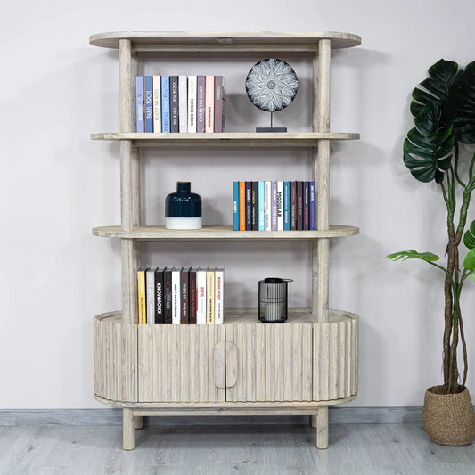 Oasis Bookcase by LH Imports in beige and natural white washed. Made from solid acacia wood, mdf acacia veneer in a unique style.