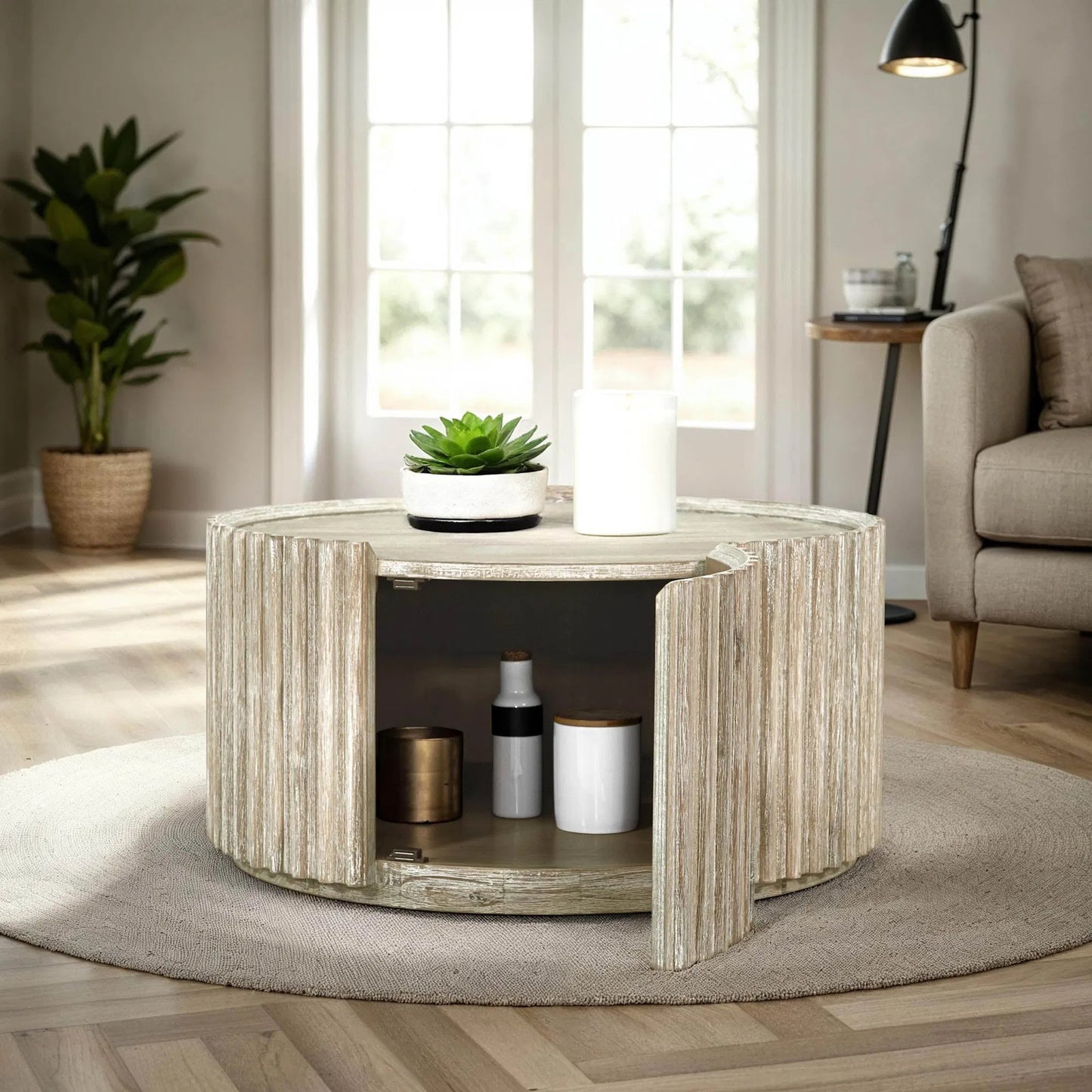 019 SI-2325152 | Lifestyle | Oasis Coffee Table by LH Imports in beige and natural white washed. Made from solid acacia wood, mdf acacia veneer in a transitional style.