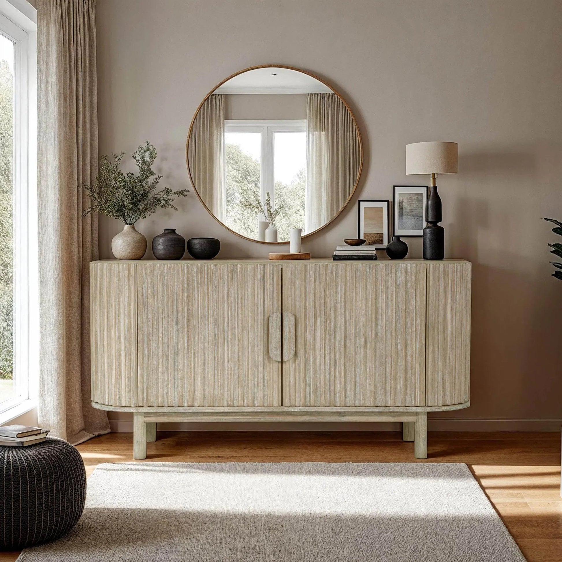 Oasis Sideboard by LH Imports in beige and natural white washed. Made from solid acacia wood, mdf acacia veneer in a transitional style.