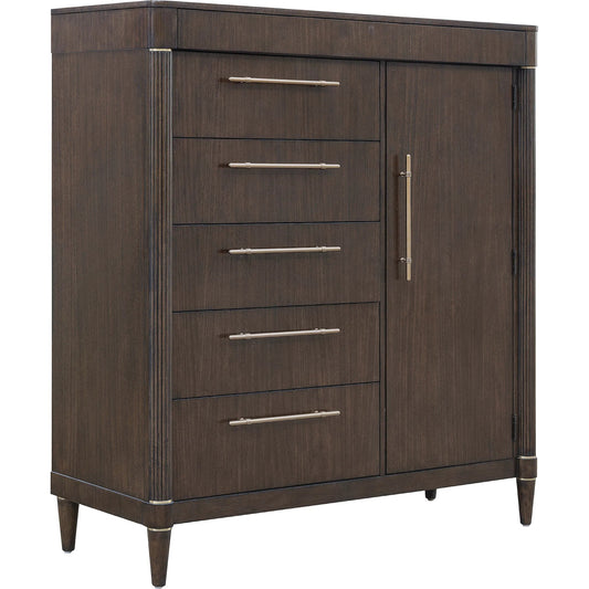 Asher Park 6 Drawer Master Chest by Pulaski Furniture in piano brown. Made from eucalyptus veneers in a unique style.