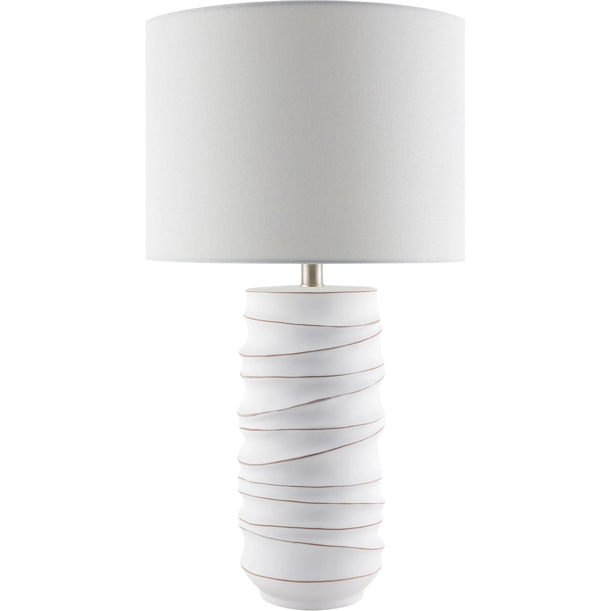 Obelisco Accent Table Lamp by Surya in white, translucent, metallic silver. Made from ceramic, iron, linen, polyester in a modern style.