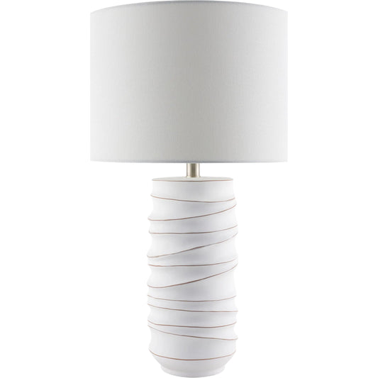 Obelisco Accent Table Lamp by Surya in white. Made from ceramic, iron, linen, polyester in a modern style.