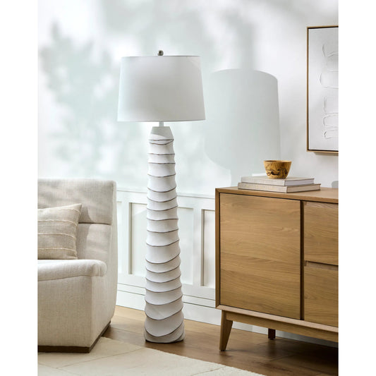 Obelisco Accent Floor Lamp - 535725 by Surya in body: white, shade: white, finial: metallic - silver, harp: metallic - nickel, cord: translucent and hand paintedplated. Made from resin, linen, polystyrene, iron in a unique styl