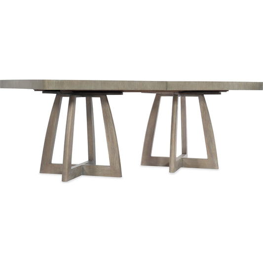 Affinity Pedestal Dining Table by Hooker Furniture in greige. Made from hardwoods in a eclectic & global style.