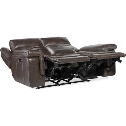 Montel Lay Flat Power Loveseat by Hooker Furniture in cosmos cobalt. Made from leather in a traditional style.