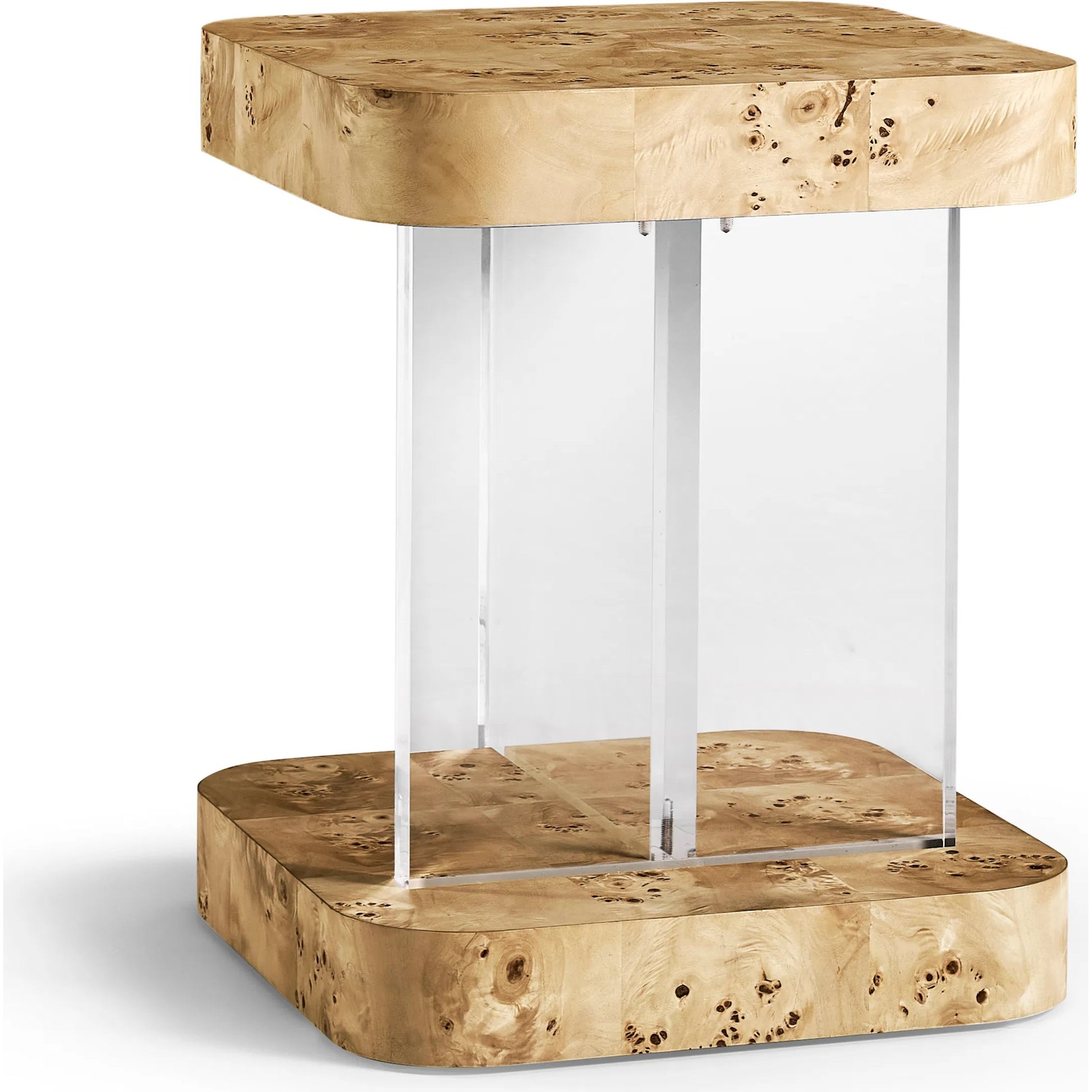 Veil End Table by Jonathan Charles in natural mappa burl. Made from mappa burl in a modern style.