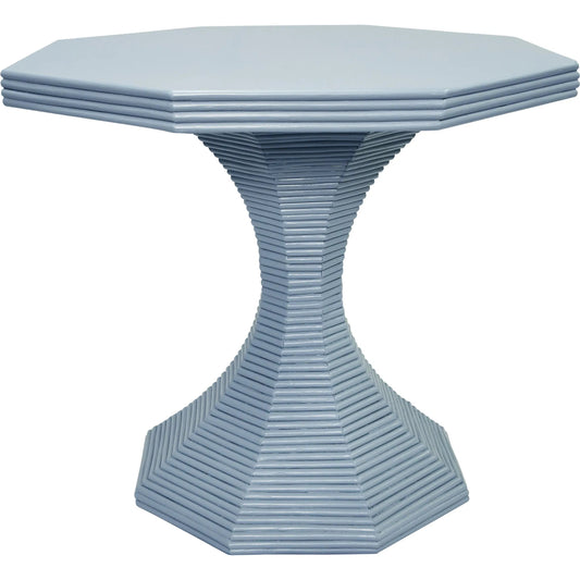 Octavia Octagonal Reeded Side Table by Worlds Away in light blue. Made from wicker, rattan in a unique style.