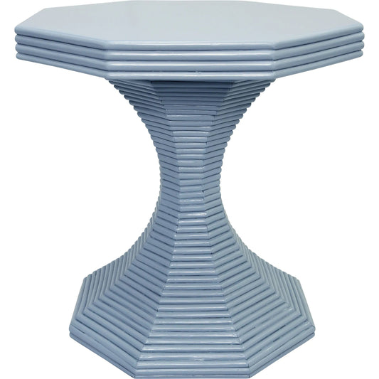 Octavia Octagonal Reeded Side Table by Worlds Away in light blue. Made from wicker, rattan in a unique style.