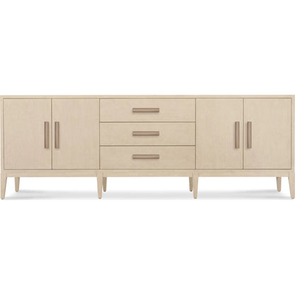Westwood Credenza by Hooker Furniture in light wood and polished limestone. Made from oak veneers in a transitional style.
