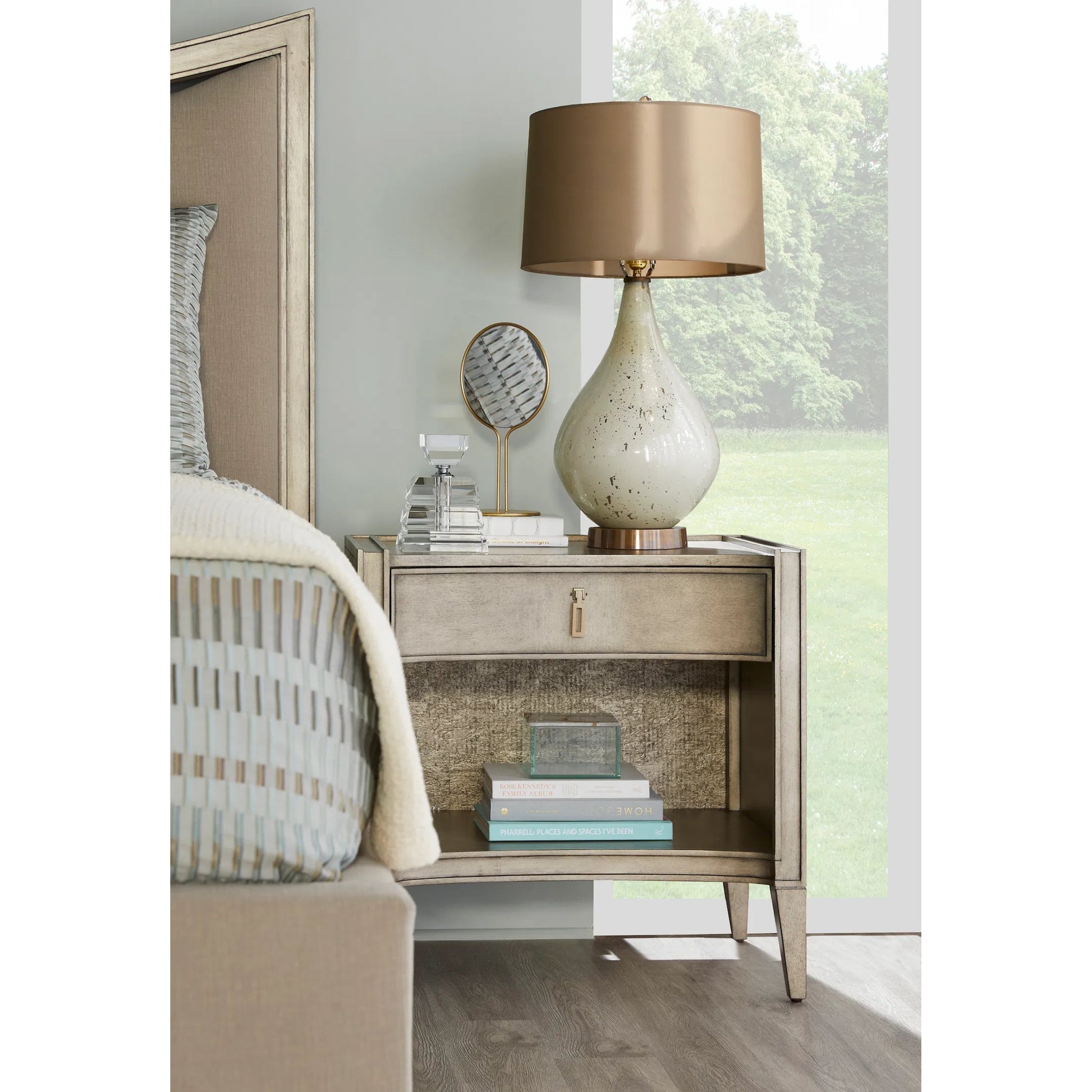 Cove Open Nightstand by A.R.T. Furniture in grey and mica. Made from rubberwood solids, primavera veneers, cork, metal in a traditional style.