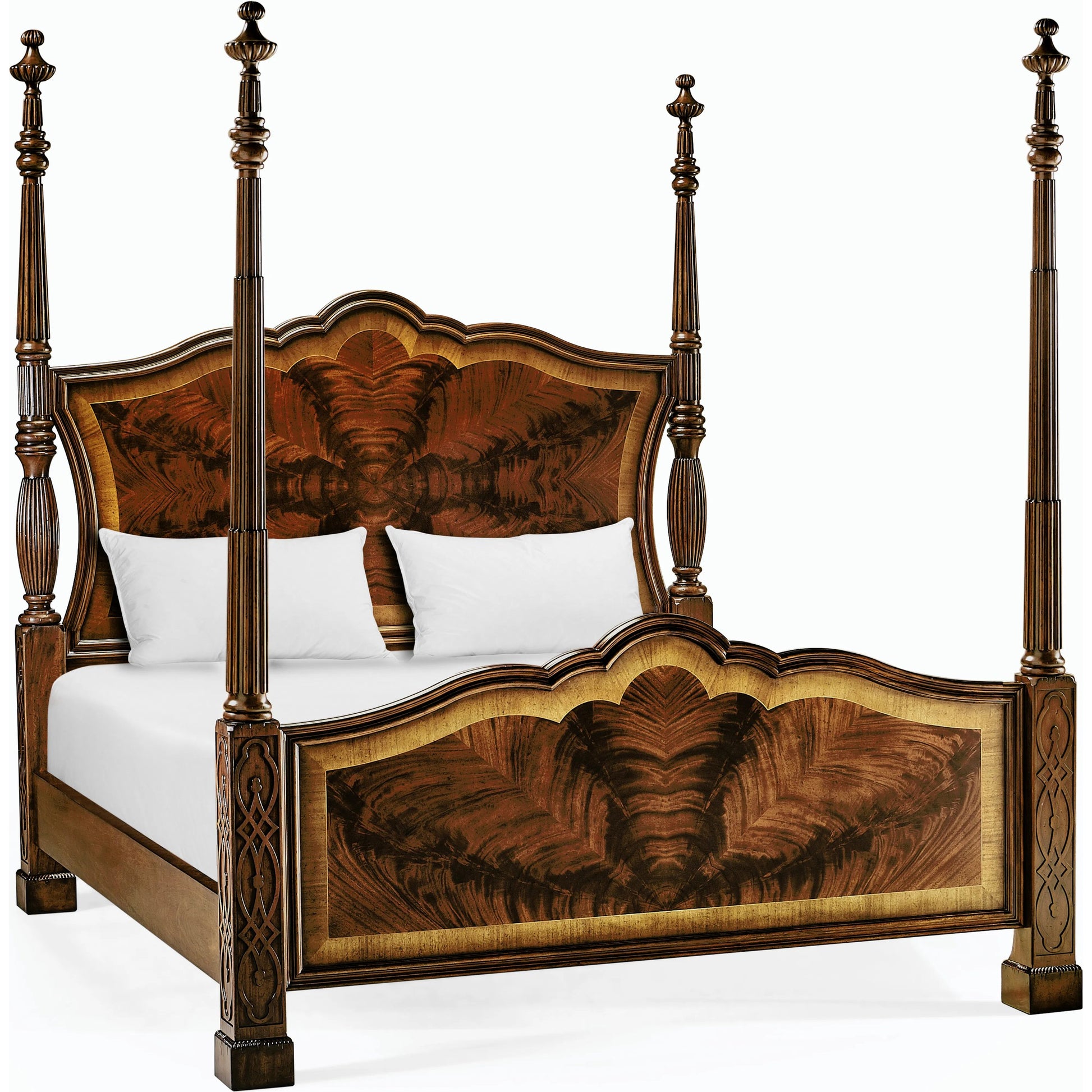Versailles Mahogany King Poster Bed by Jonathan Charles in brown and medium antique mahogany. Made from mahogany in a traditional style.