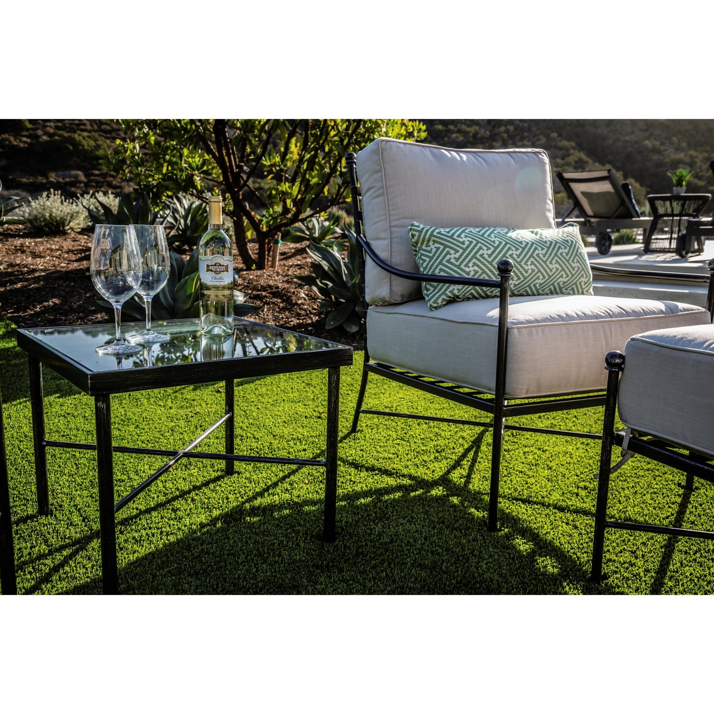 002 SI-2166925 | Lifestyle | Provence Outdoor End Table by Sunset West in pewter. Made from wrought iron in a modern style.