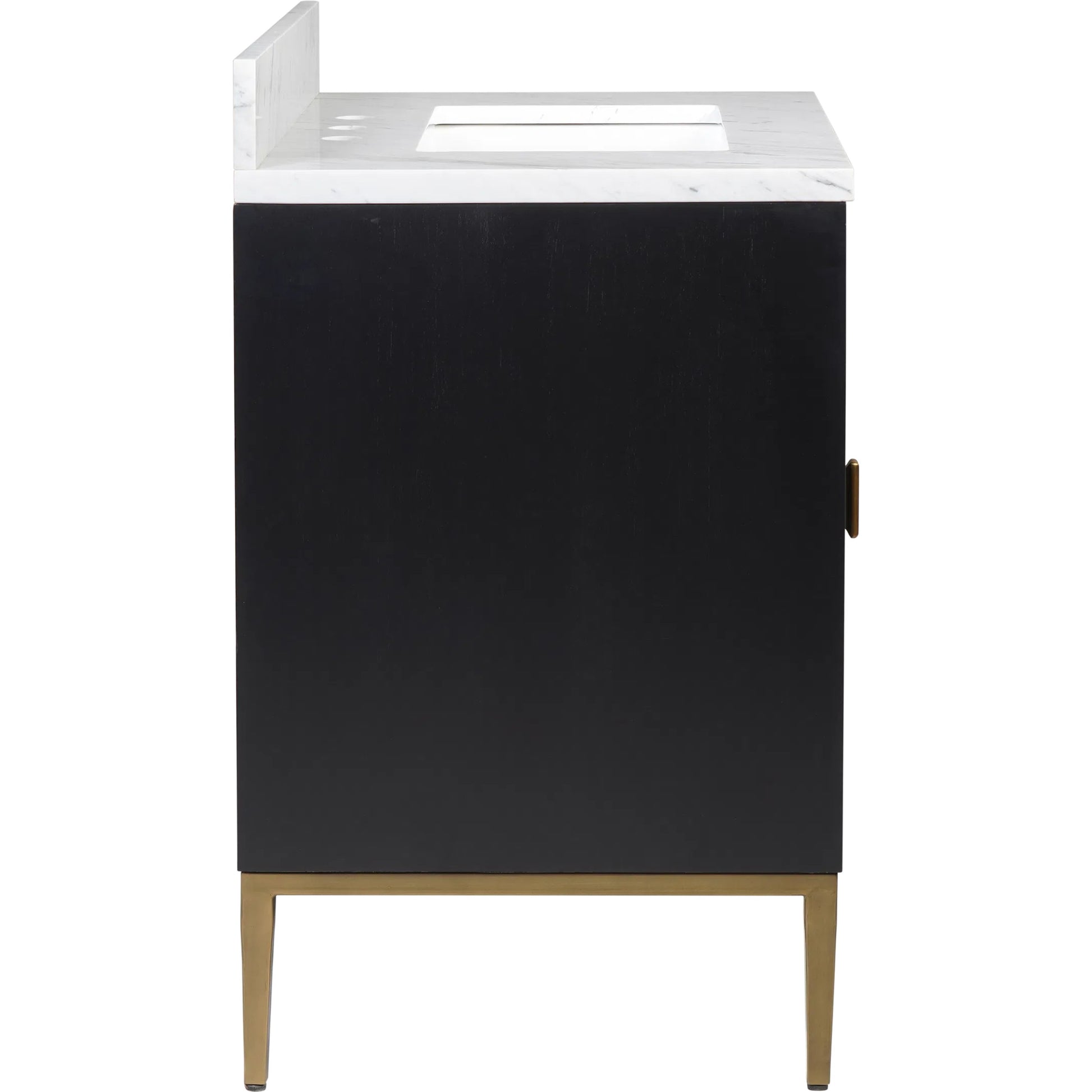 Kallista 30" Blue Vanity with Undermount Sink by Currey and Company in dark sapphire, caviar black, natural, white, antique brass. Made from sycamore veneer, mahogany veneer, carrera marble, vitreous china, iron, brass in a eclectic & 