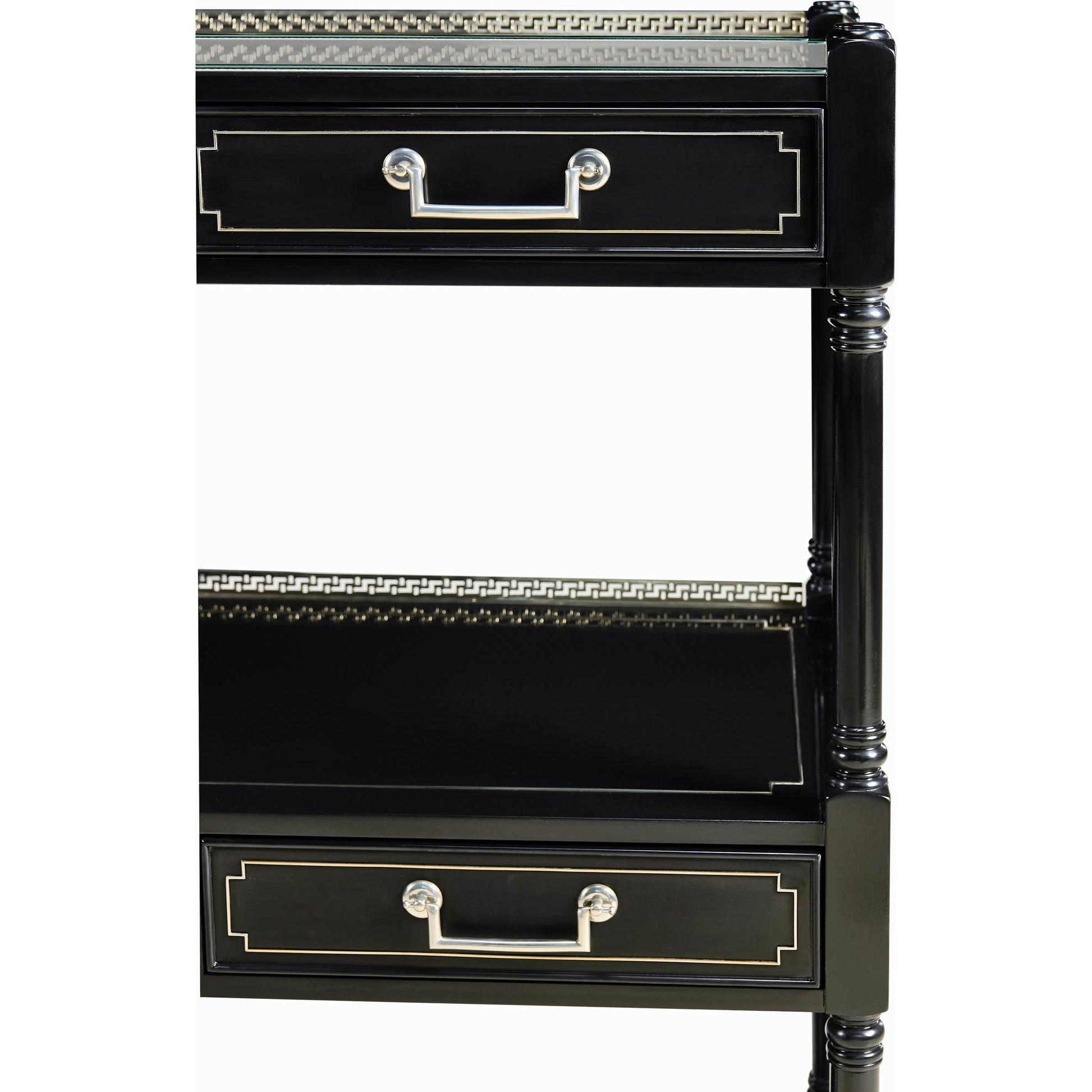 Reimagined Flux Lacquer Etagere by Jonathan Charles in lacquered black. Made from acacia in a modern style.