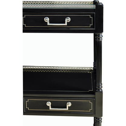 Reimagined Flux Lacquer Etagere by Jonathan Charles in lacquered black. Made from acacia in a modern style.