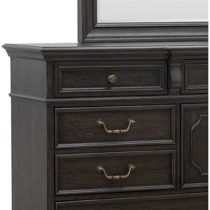 Hickory Creek Dresser Mirror by Pulaski Furniture in brown velvet. Made from rubber wood, mirror in a unique style.