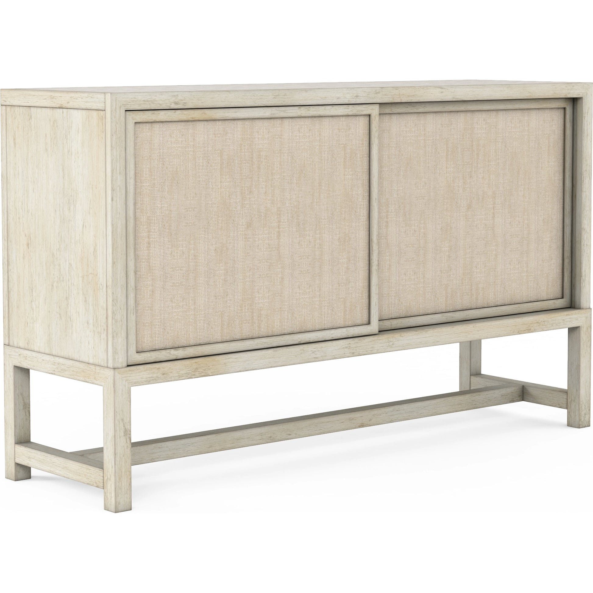 Cotiere Sideboard by A.R.T. Furniture in beige and linen. Made from parawood solids, mixed split cathedral quarter-white oak veneer, fabric, terrazzo stone in a modern style.