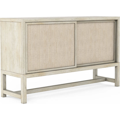 Cotiere Sideboard by A.R.T. Furniture in beige and linen. Made from parawood solids, mixed split cathedral quarter-white oak veneer, fabric, terrazzo stone in a modern style.