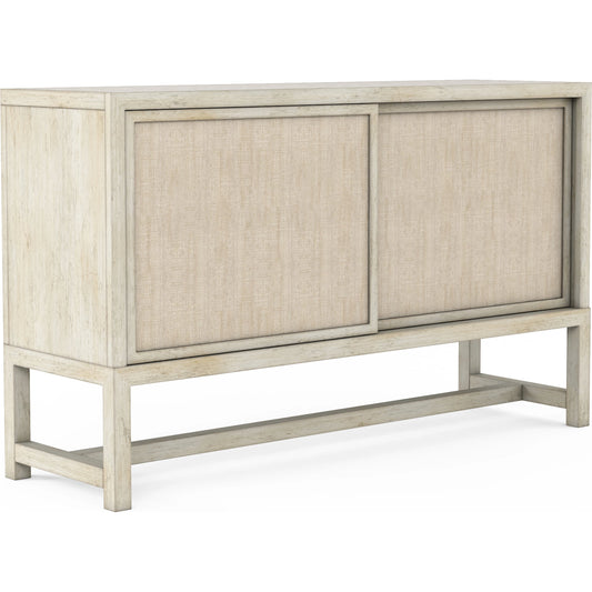 Cotiere Sideboard by A.R.T. Furniture in beige and linen. Made from parawood solids, mixed split cathedral quarter-white oak veneer, fabric, terrazzo stone in a modern style.