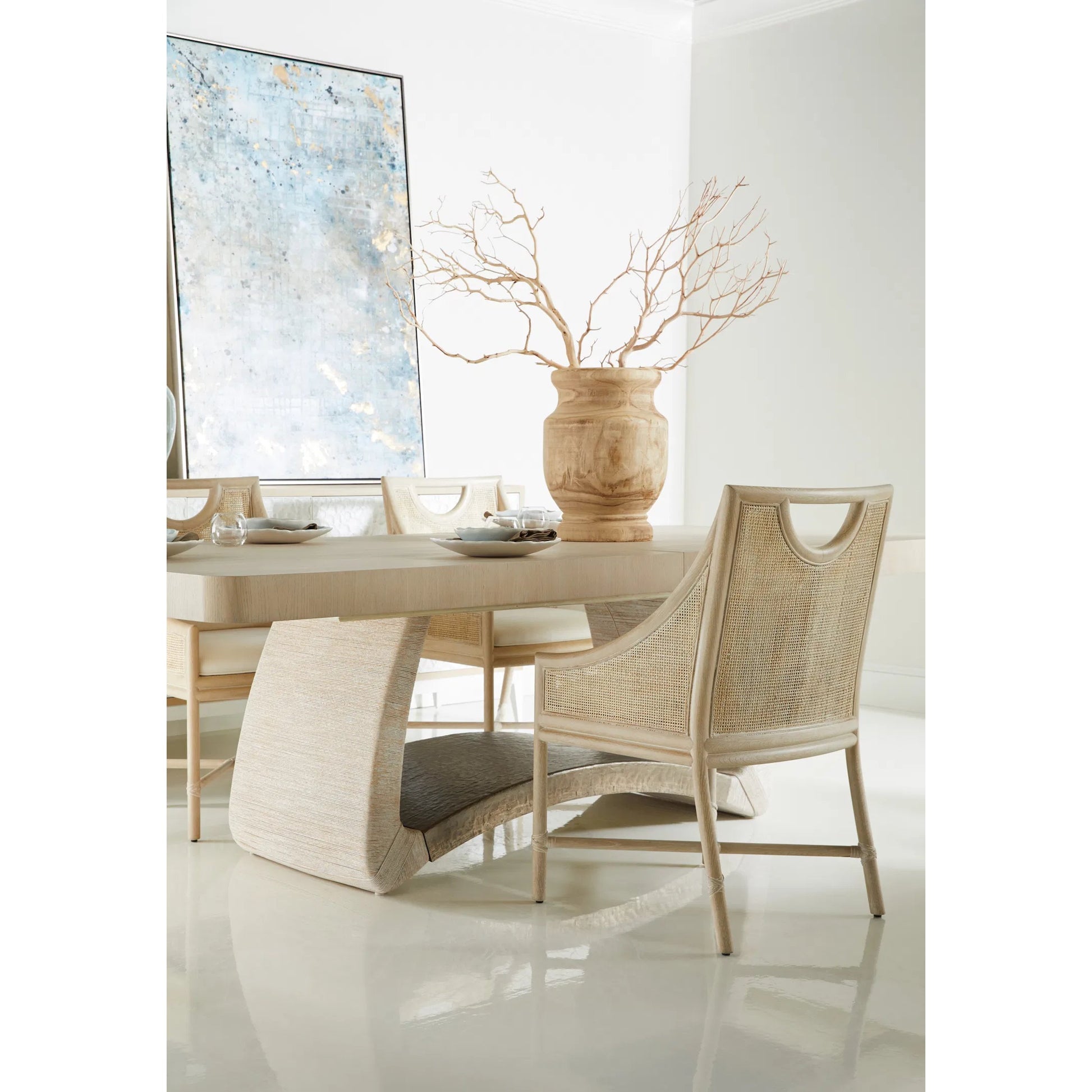 Fjord Dining Chair by Jonathan Charles in white washed cerused oak. Made from oak solids, cane, rope, foam, fabric in a transitional style.