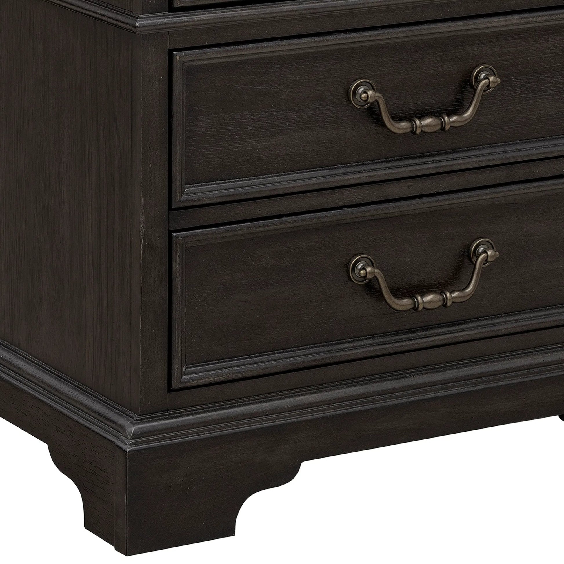 Hickory Creek 3 Drawer Nightstand by Pulaski Furniture in brown velvet. Made from split heart cathedral hickory veneers in a unique style.