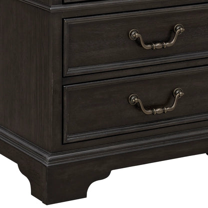 Hickory Creek 3 Drawer Nightstand by Pulaski Furniture in brown velvet. Made from split heart cathedral hickory veneers in a unique style.