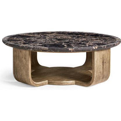 Stone Ridge Round Marble Cocktail Table by Jonathan Charles in tully light acacia. Made from acacia veneer in a modern style.