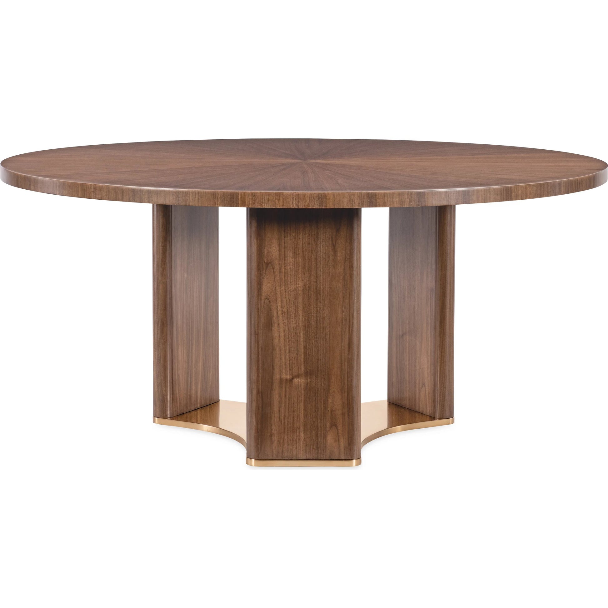 Eleana Round Dining Table by Hooker Furniture in light caramel, sunlit bronze metal. Made from walnut veneers, metal in a modern style.