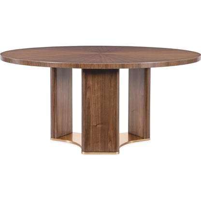 Eleana Round Dining Table by Hooker Furniture in light caramel, sunlit bronze metal. Made from walnut veneers, metal in a modern style.