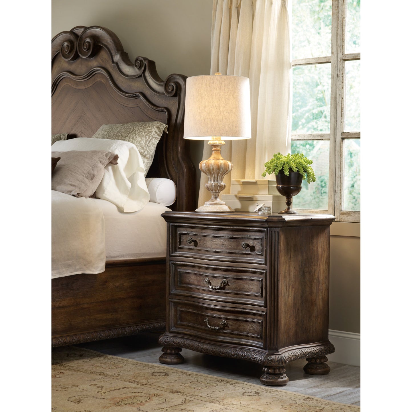 002 SI-1749470 | Lifestyle | Rhapsody Nightstand by Hooker Furniture in rustic walnut. Made from pecan veneers in a traditional style.
