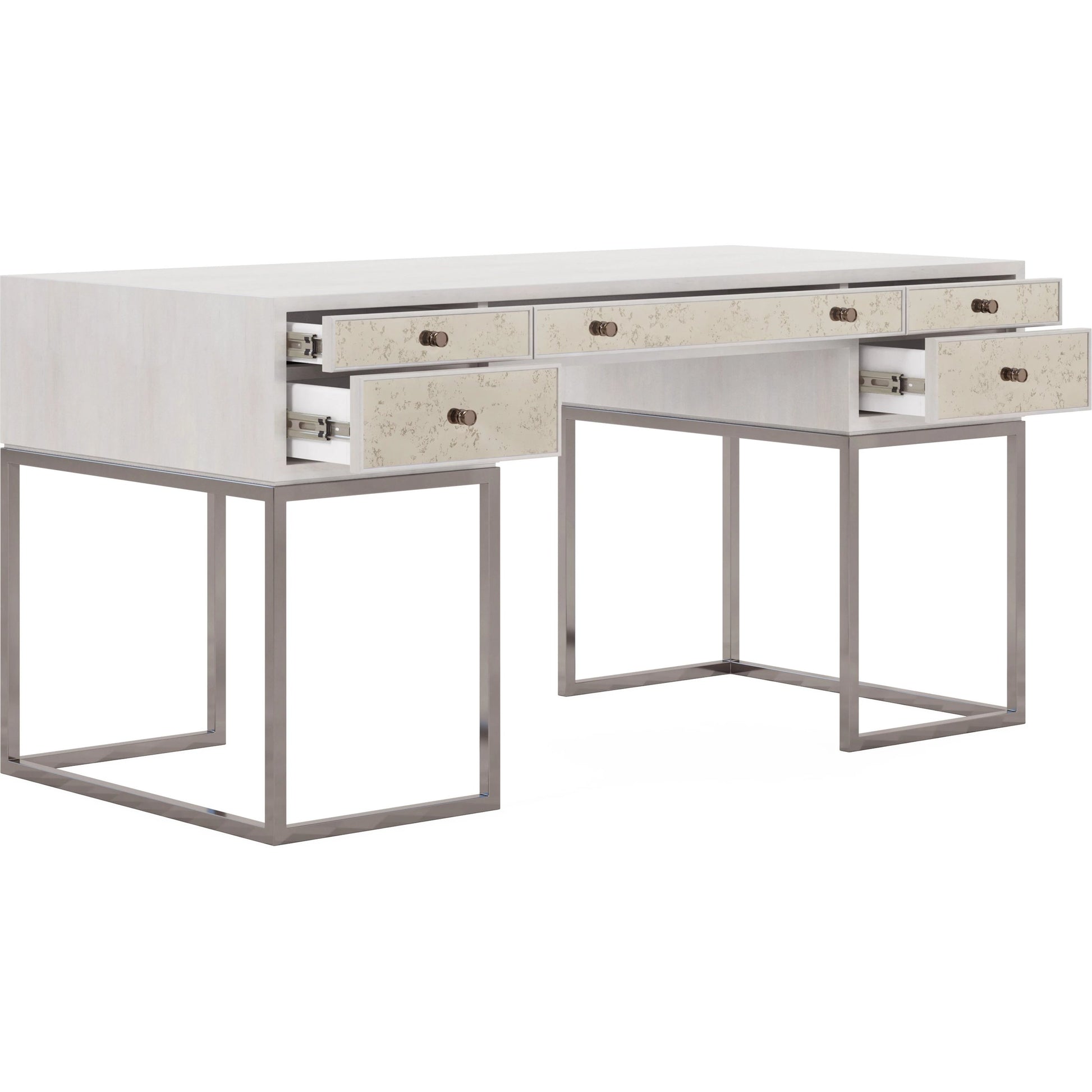 Mezzanine Writing Desk by A.R.T. Furniture in dove gray. Made from parawood, poplar solids, maple veneer, mirror, steel in a modern style.